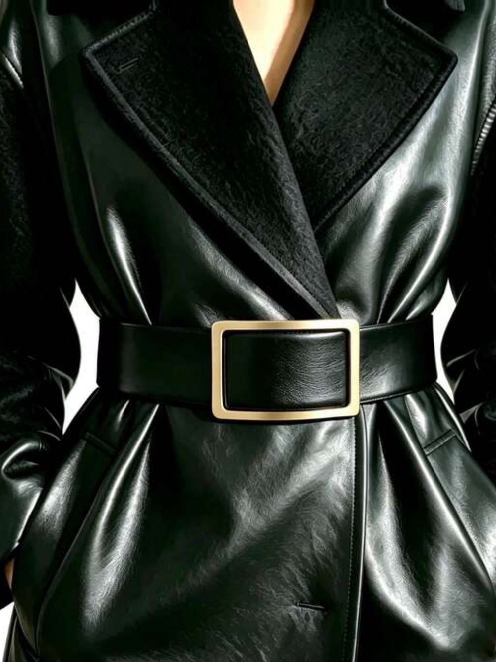 Wide Black Leather Belt with Gold-Tone Rectangular Buckle